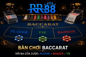 Bàn chơi Baccarat với ba cửa cược Player, Banker và Tie