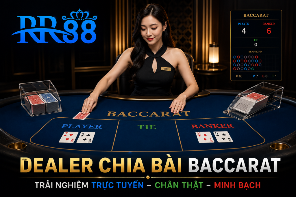Dealer đang chia bài Baccarat trong casino trực tuyến