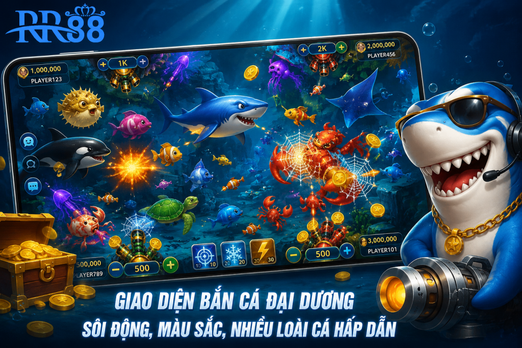 Giao diện trò chơi Bắn Cá Đại Dương với nhiều loài cá xuất hiện trên màn hình