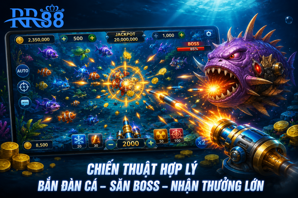 Người chơi sử dụng chiến thuật bắn đàn cá và tăng cấp đạn khi Boss xuất hiện