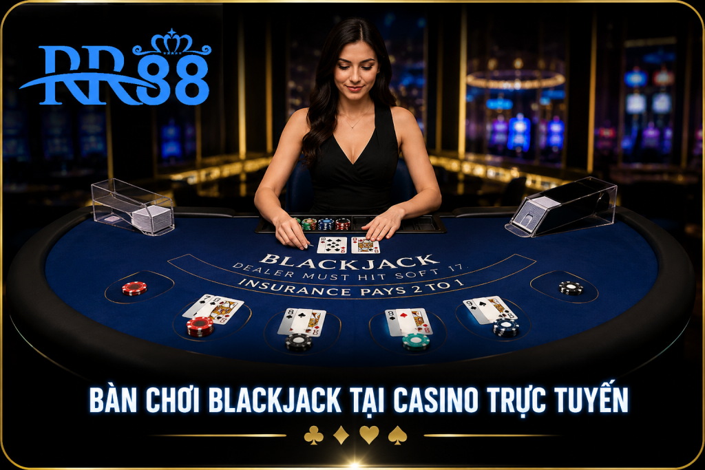 Bàn chơi Blackjack tại casino trực tuyến với dealer đang chia bài