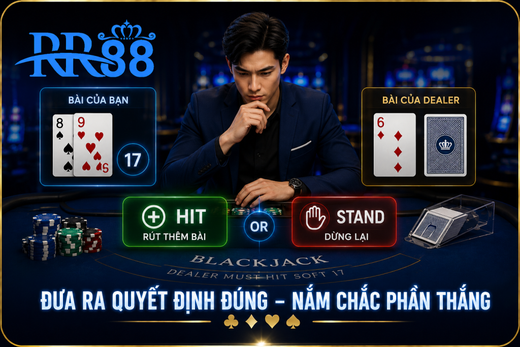 Người chơi đang cân nhắc lựa chọn Hit hoặc Stand trên giao diện Blackjack trực tuyến