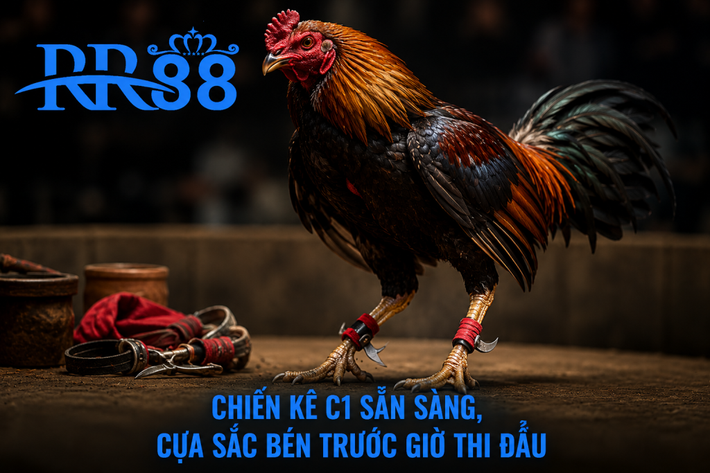 Cận cảnh chiến kê C1 với thể hình săn chắc, cựa được chuẩn bị trước trận đấu