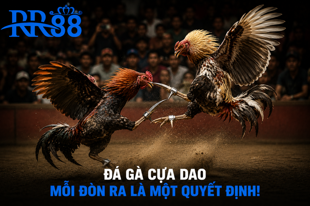 Hai chiến kê đang tung đòn quyết định trong trận Đá Gà Cựa Dao đầy kịch tính