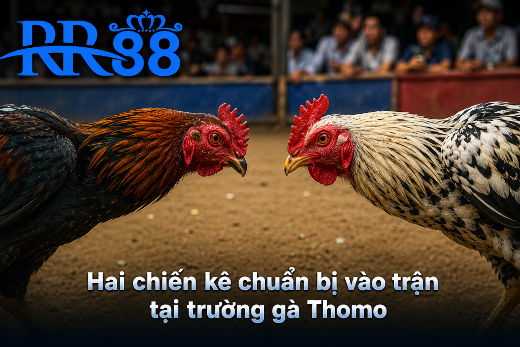 Hai chiến kê chuẩn bị bước vào trận đấu tại trường gà Thomo