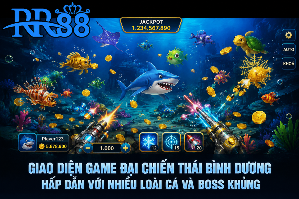 Giao diện game Đại Chiến Thái Bình Dương với nhiều loài cá và boss xuất hiện trên màn hình