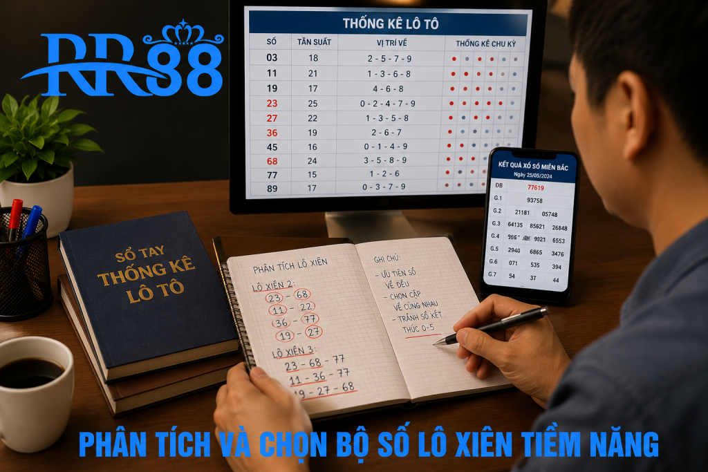 Người chơi phân tích kết quả xổ số trên màn hình máy tính và ghi chú các cặp số tiềm năng