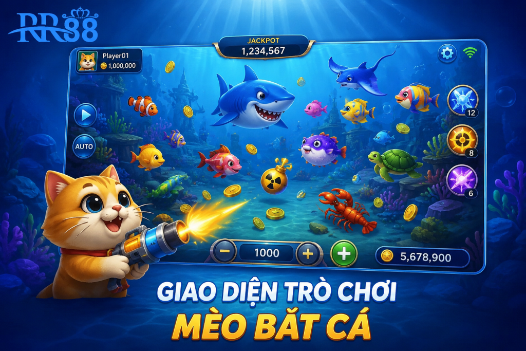 Giao diện trò chơi Mèo Bắt Cá với nhiều loại cá xuất hiện trên màn hình