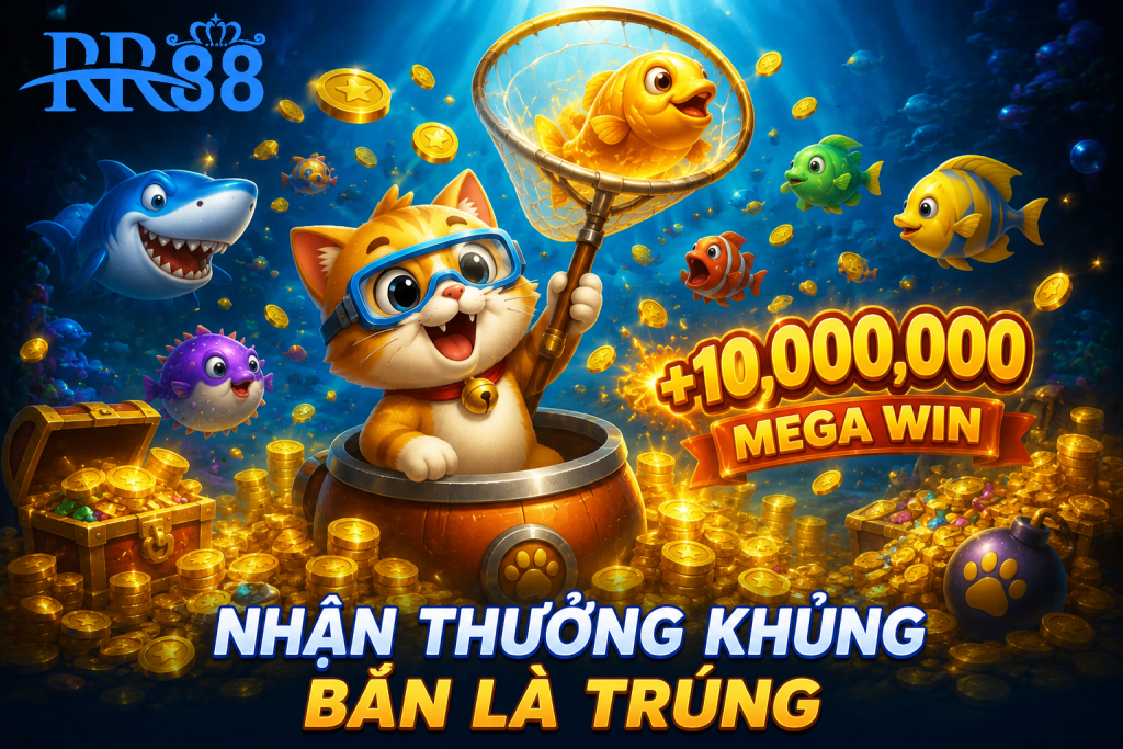 Cảnh người chơi nhận nhiều phần thưởng trong game Mèo Bắt Cá với hiệu ứng vàng xu