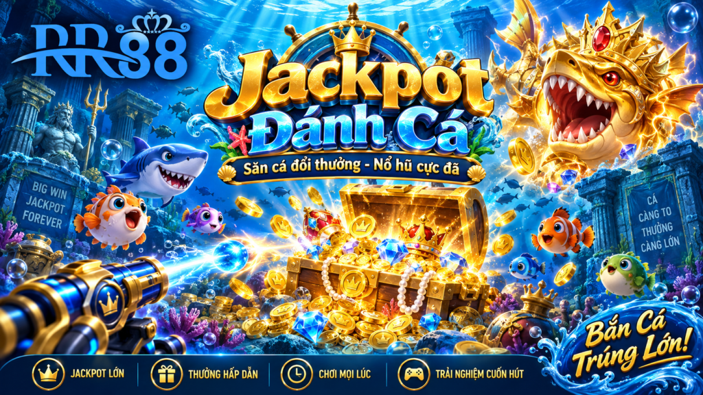 Giao diện Jackpot Đánh Cá với đại dương, đàn cá và hệ thống súng săn thưởng